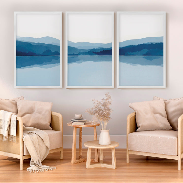 Abstract Landscape Art Prints Set of 3 – Modern Blue Mountain Triptych - White Framed Poster No Border - Artworksets
