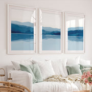Abstract Landscape Art Prints Set of 3 – Modern Blue Mountain Triptych - White Framed Poster with White Border - Artworksets