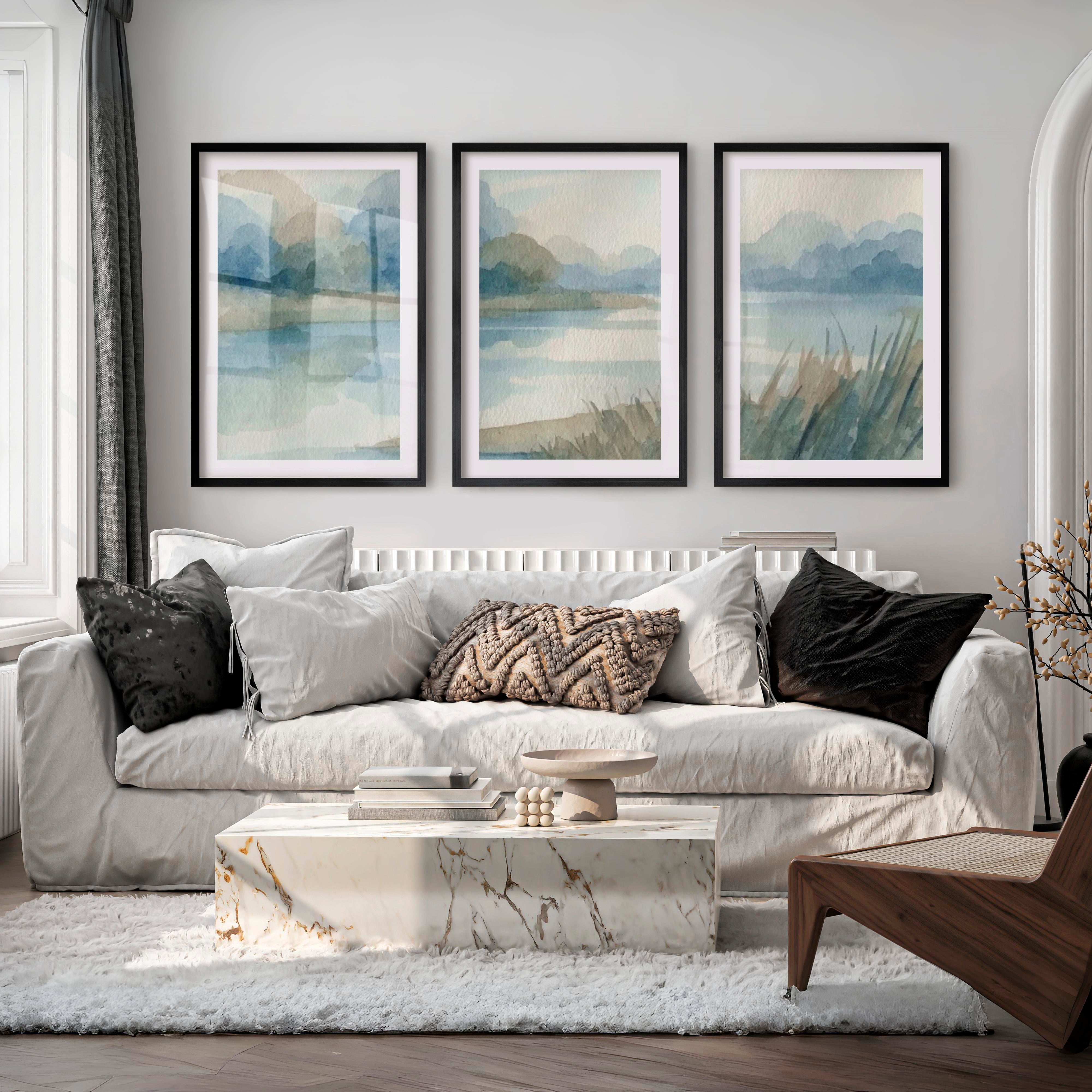Abstract Landscape Poster – Soft Watercolor Wall Art - Black Framed Poster with White Border - Artworksets