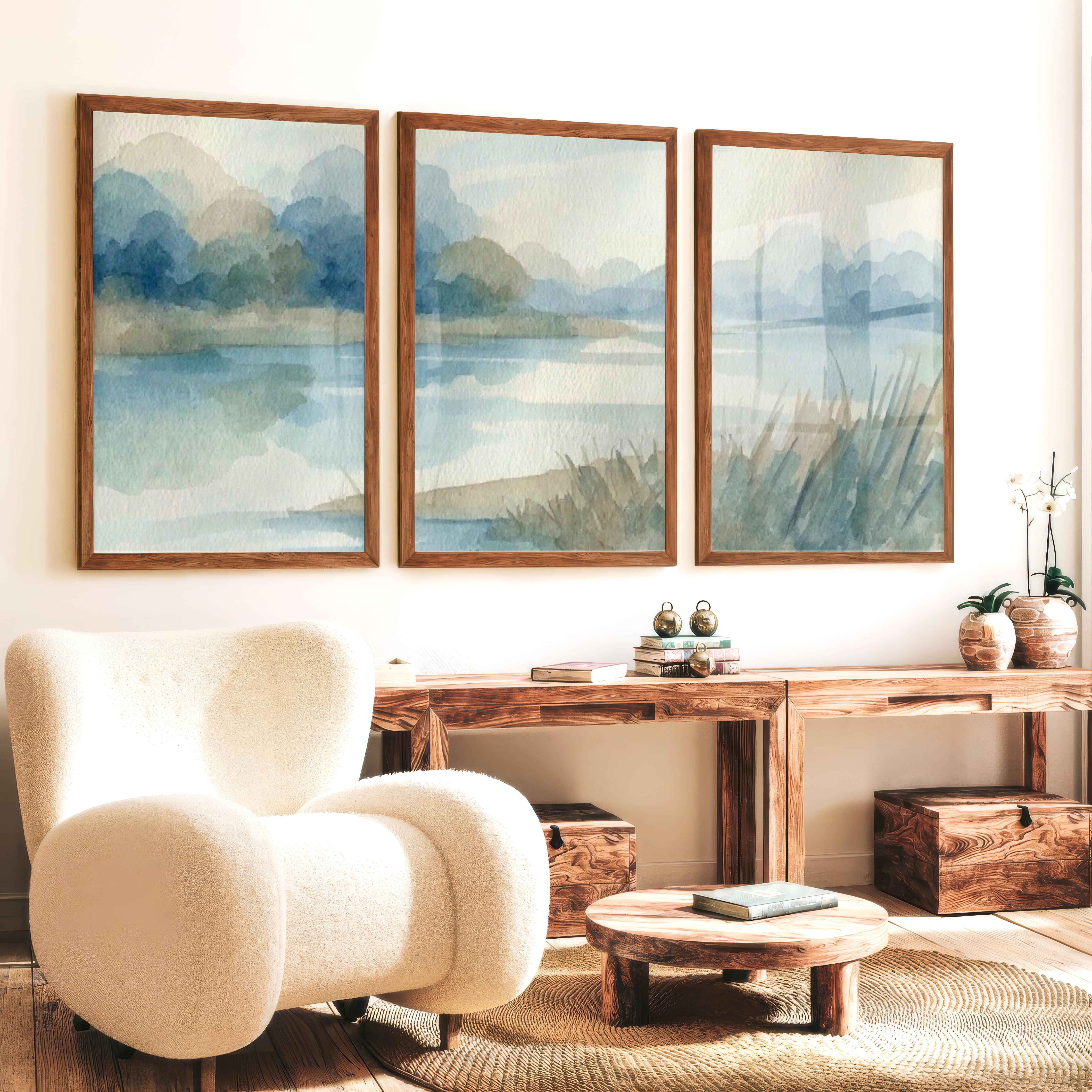 Abstract Landscape Poster – Soft Watercolor Wall Art - Dark Brown Framed Poster No Border - Artworksets