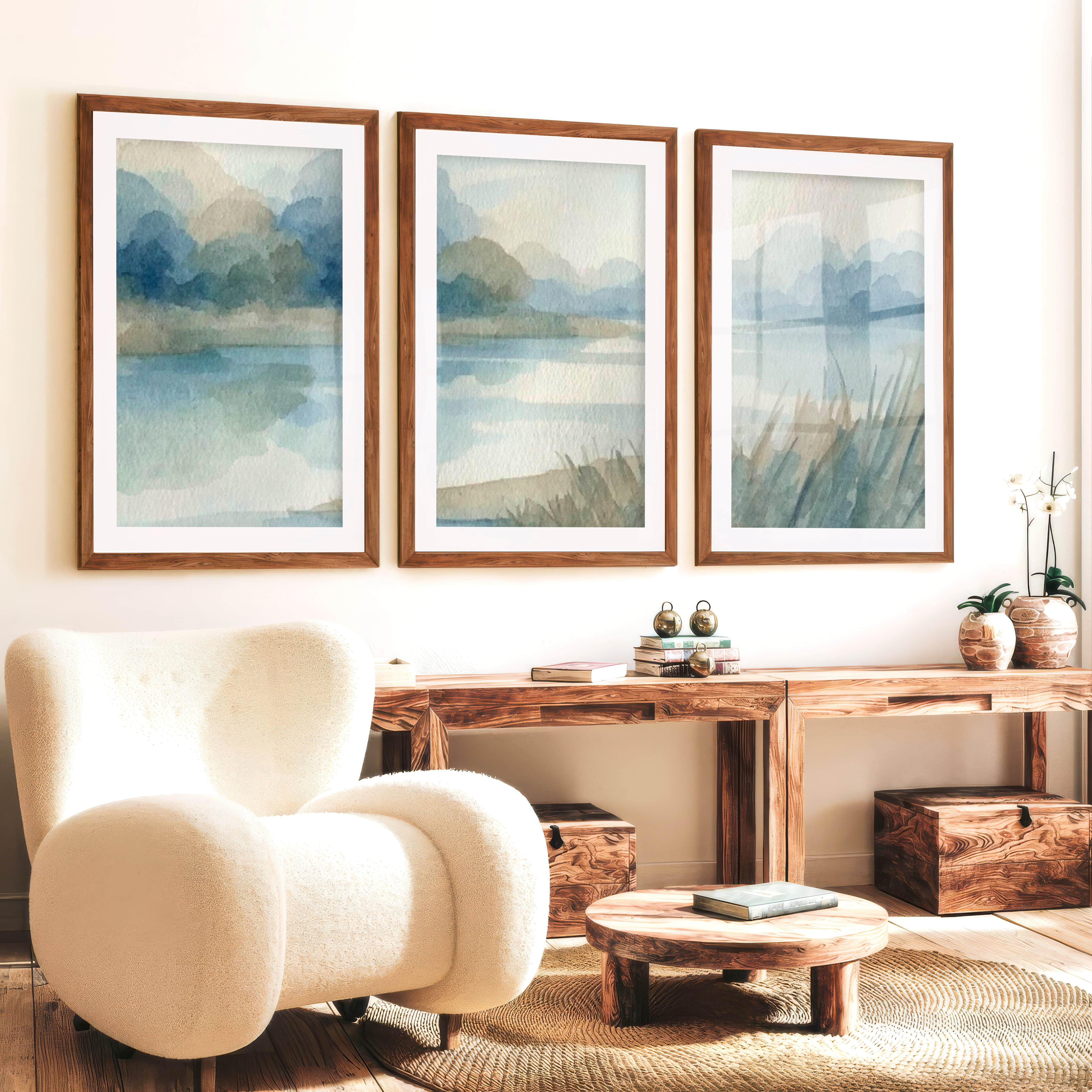 Abstract Landscape Poster – Soft Watercolor Wall Art - Dark Brown Framed Poster with White Border - Artworksets