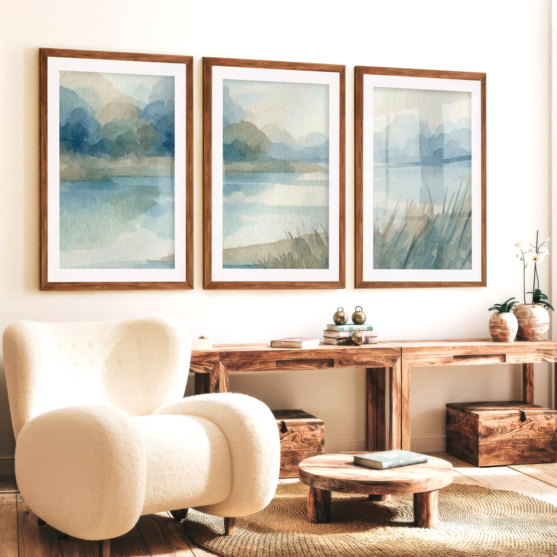 Abstract Landscape Poster – Soft Watercolor Wall Art - Dark Brown Framed Poster with White Border - Artworksets