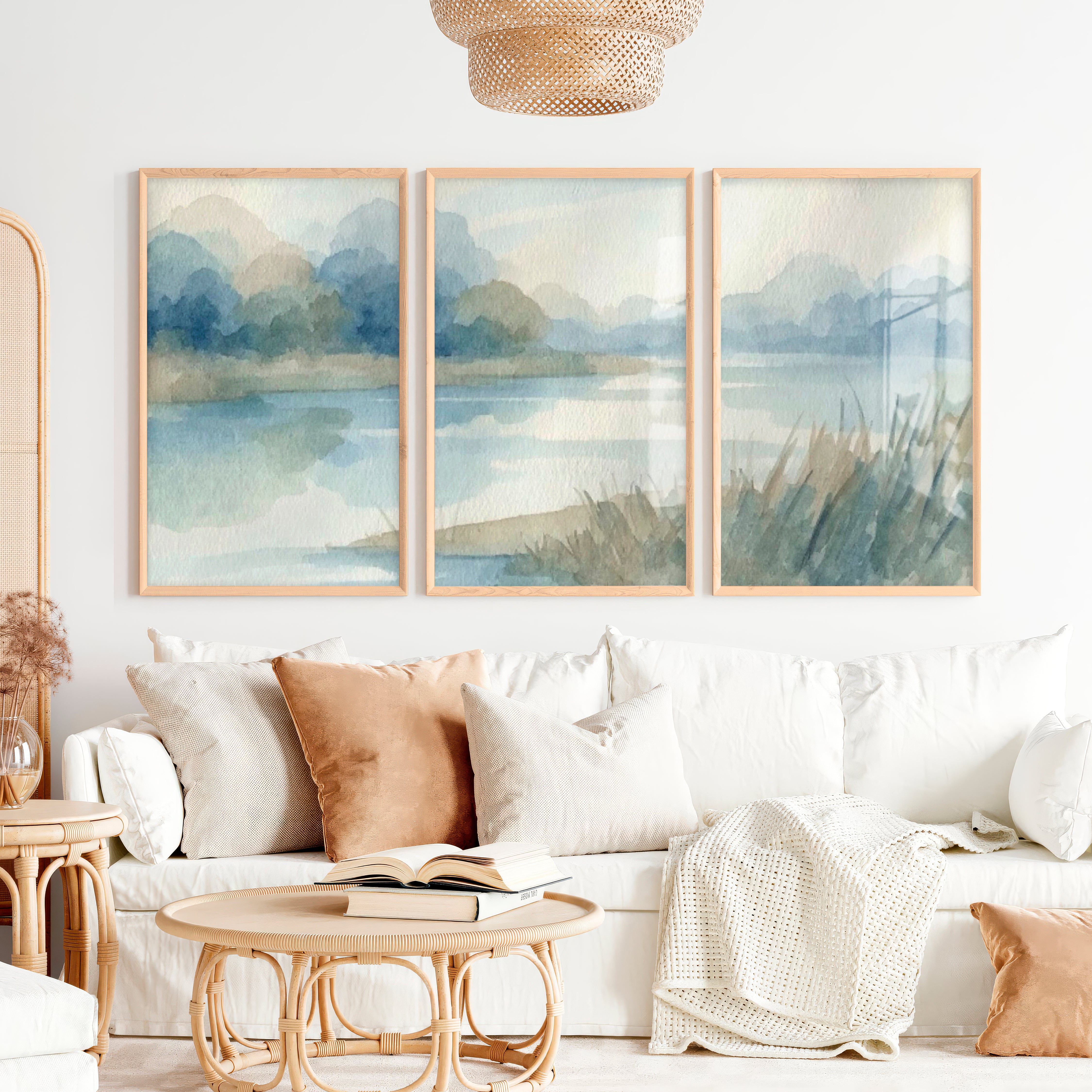 Abstract Landscape Poster – Soft Watercolor Wall Art - Natural Wood Framed Poster No Border - Artworksets