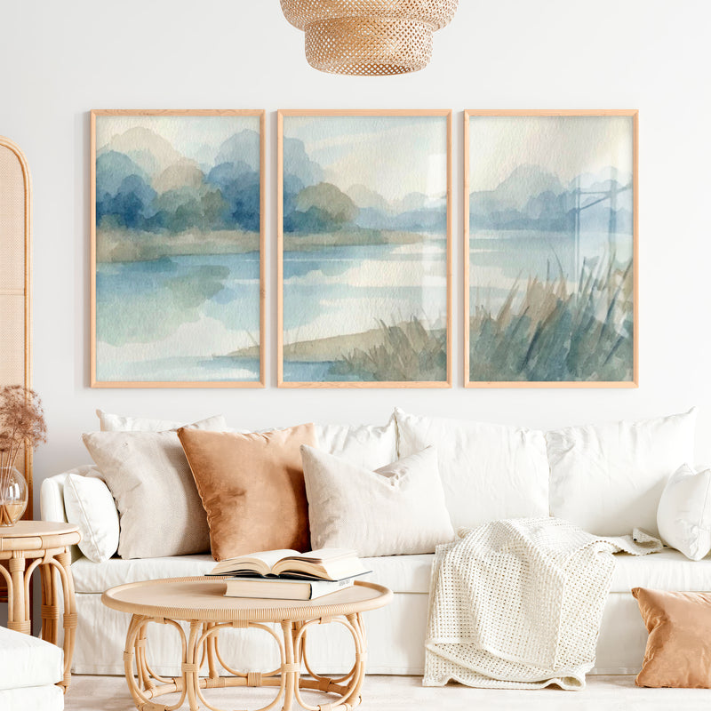 Abstract Landscape Poster – Soft Watercolor Wall Art - Natural Wood Framed Poster No Border - Artworksets