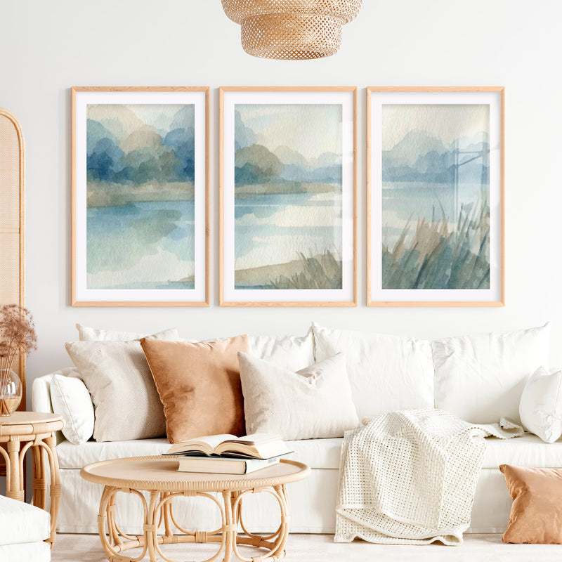 Abstract Landscape Poster – Soft Watercolor Wall Art- Natural Wood Framed Poster with White Border - Artworksets