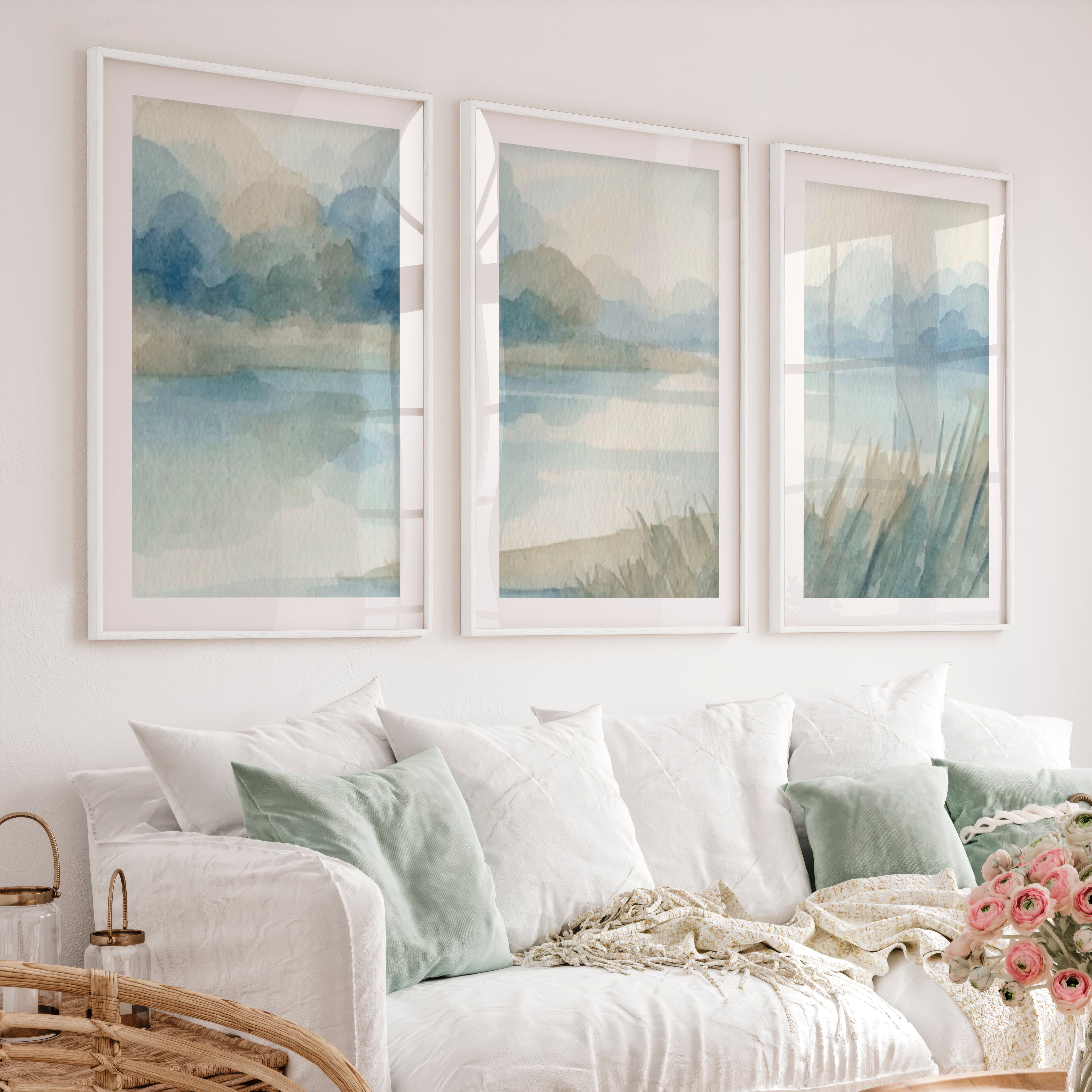 Abstract Landscape Poster – Soft Watercolor Wall Art - White Framed Poster with White Border - Artworksets
