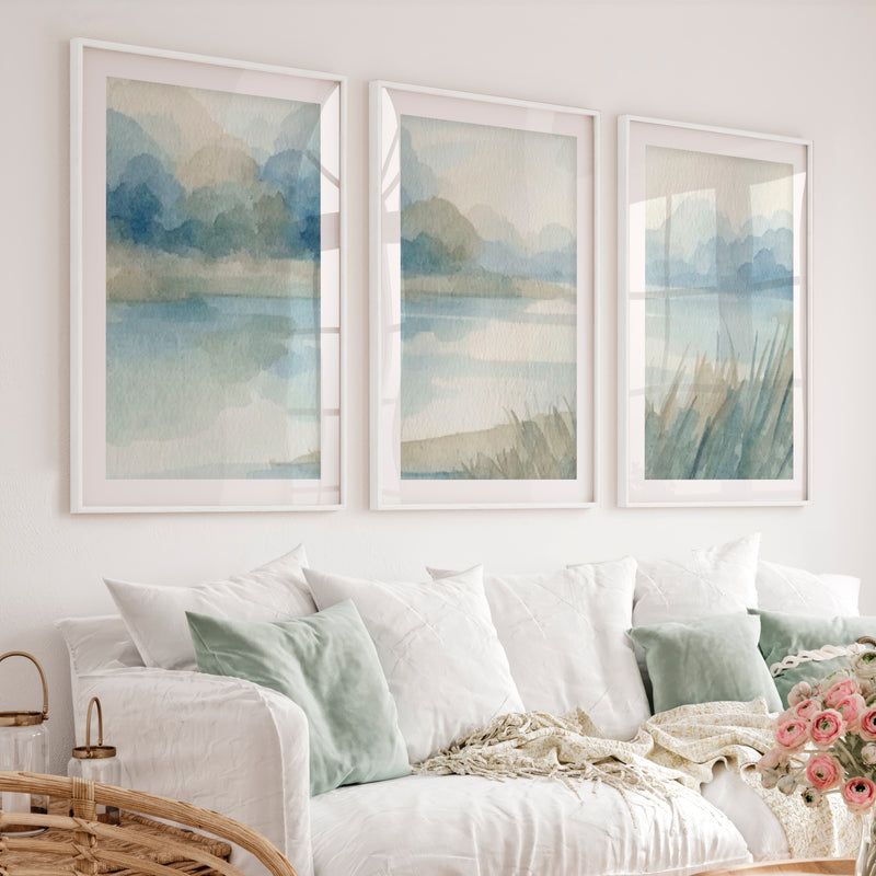 Abstract Landscape Poster – Soft Watercolor Wall Art - White Framed Poster with White Border - Artworksets