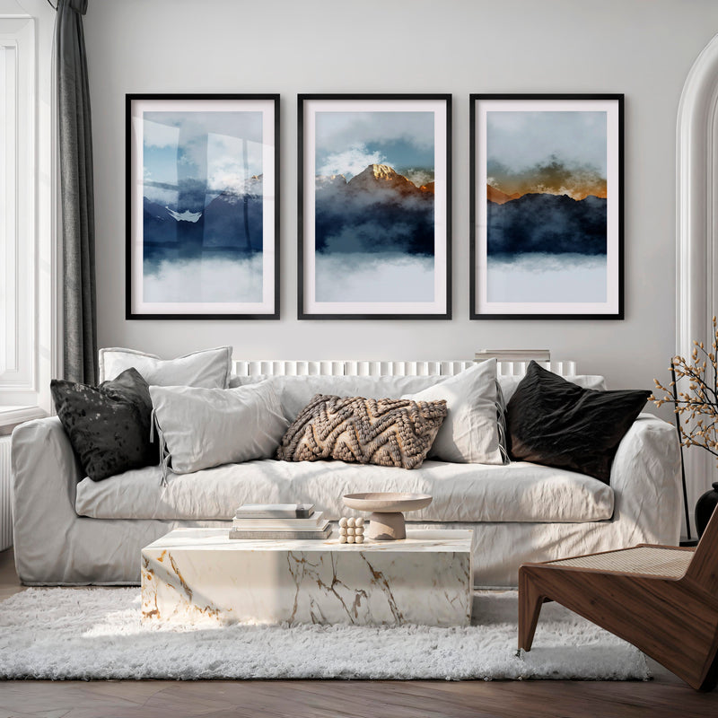 Abstract Landscape Prints – Misty Mountain Wall Art - Black Framed Poster with White Border - Artworksets