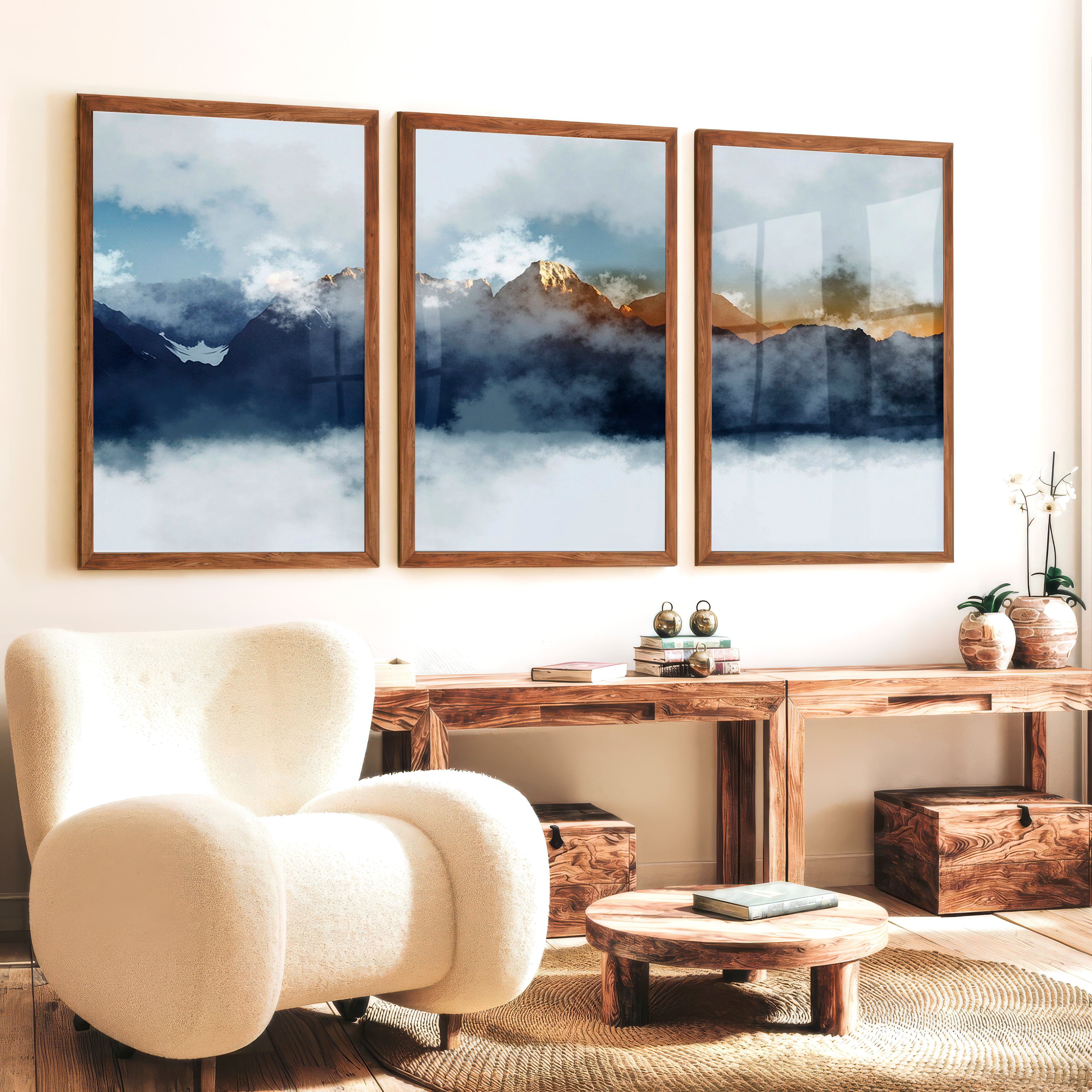 Abstract Landscape Prints – Misty Mountain Wall Art - Dark Brown Framed Poster No Border - Artworksets