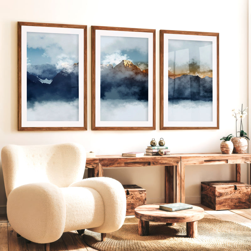 Abstract Landscape Prints – Misty Mountain Wall Art - Dark Brown Framed Poster with White Border - Artworksets