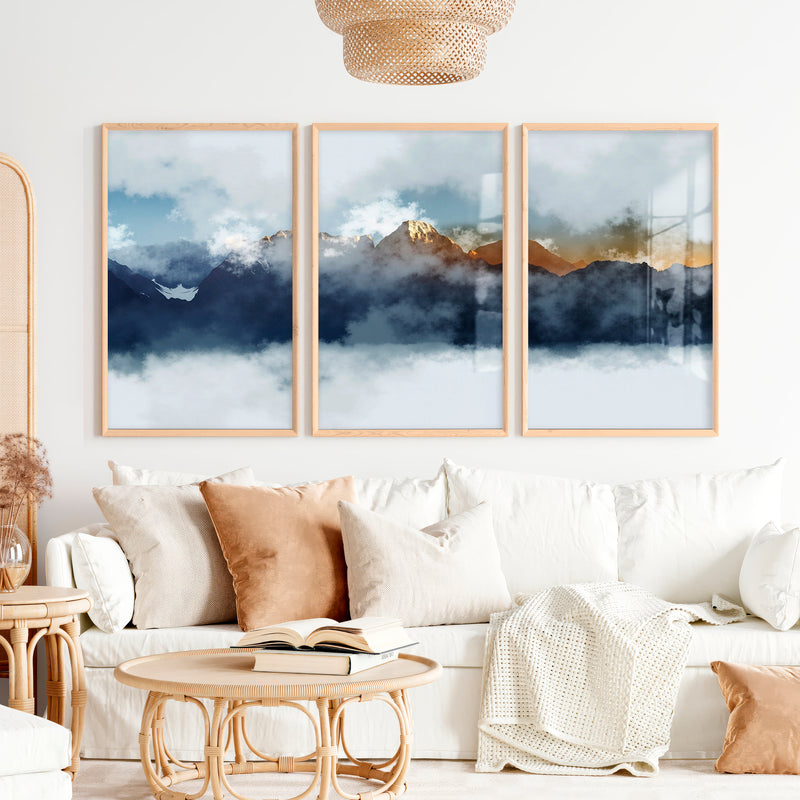 Abstract Landscape Prints – Misty Mountain Wall Art - Natural Wood Framed Poster No Border - Artworksets