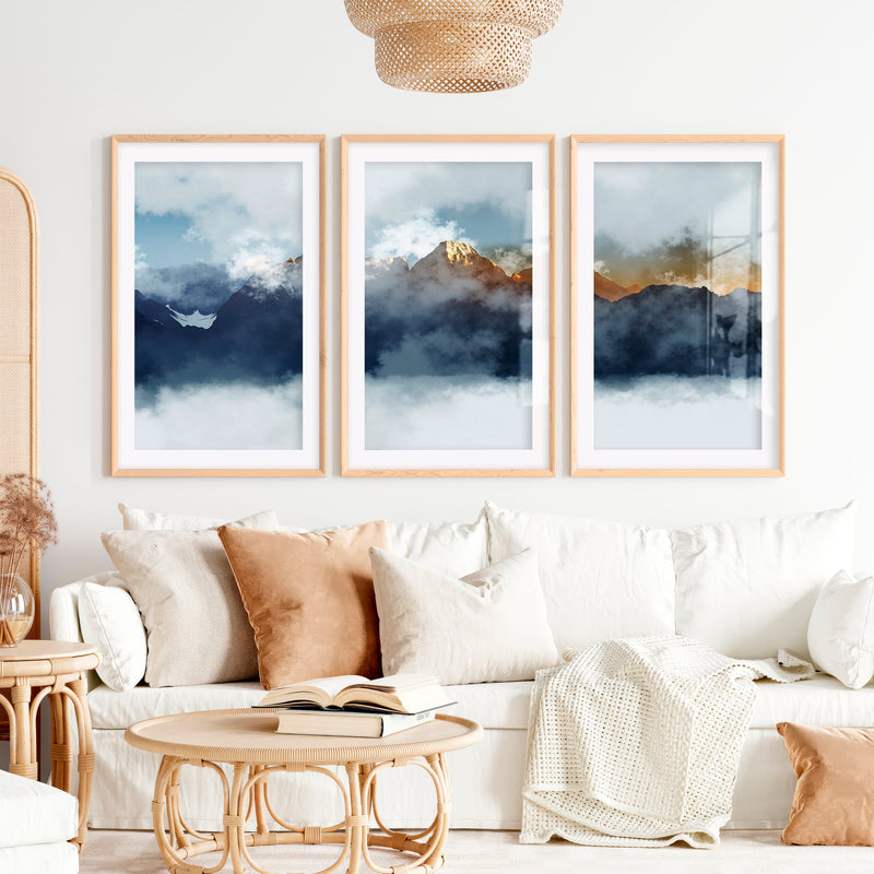 Abstract Landscape Prints – Misty Mountain Wall Art- Natural Wood Framed Poster with White Border - Artworksets