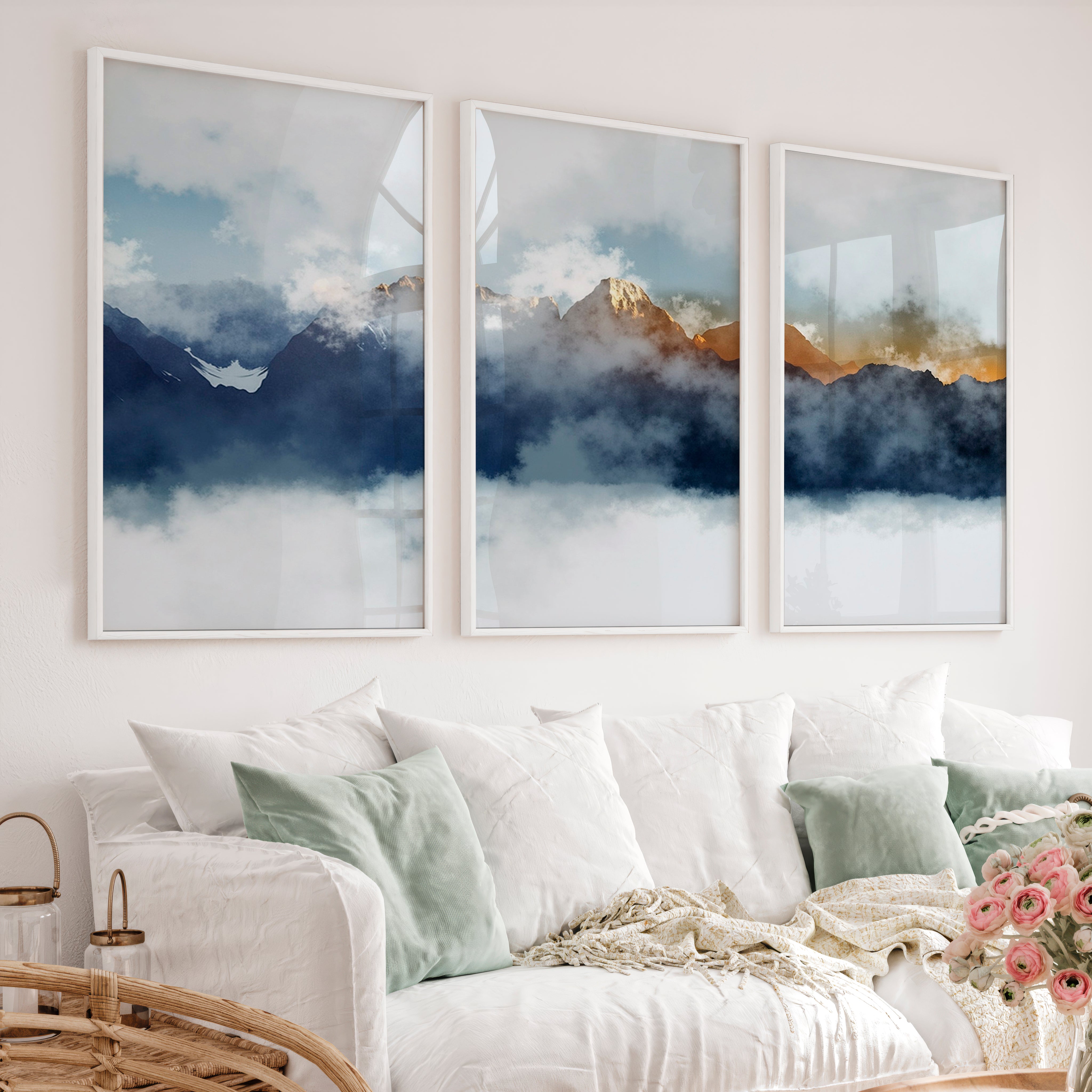 Abstract Landscape Prints – Misty Mountain Wall Art - White Framed Poster No Border - Artworksets