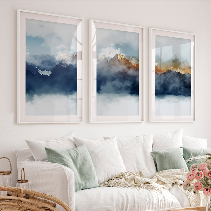 Abstract Landscape Prints – Misty Mountain Wall Art - White Framed Poster with White Border - Artworksets