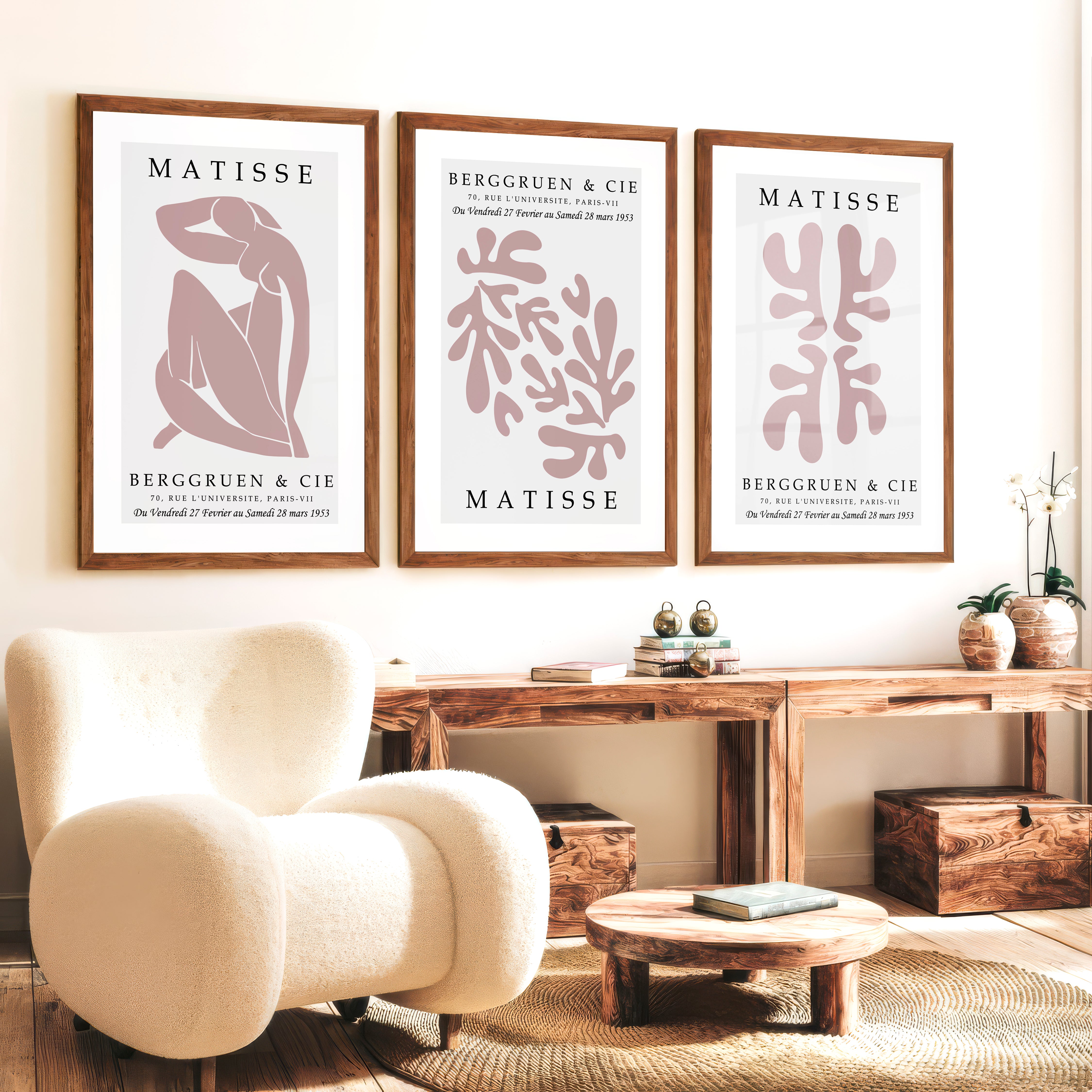 Abstract Matisse Paintings Pastel Cutout Art Set of 3 - Dark Brown Framed Poster No Border - Artworksets