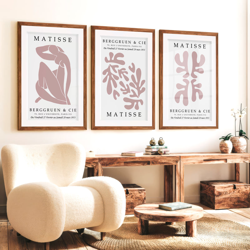 Abstract Matisse Paintings Pastel Cutout Art Set of 3 - Dark Brown Framed Poster with White Border - Artworksets