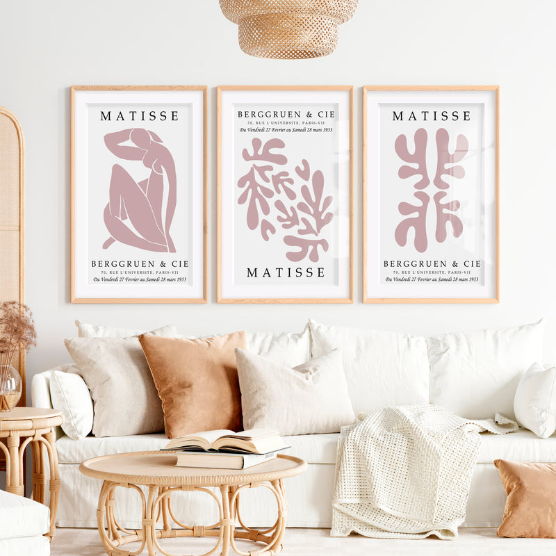 Abstract Matisse Paintings Pastel Cutout Art Set of 3- Natural Wood Framed Poster with White Border - Artworksets