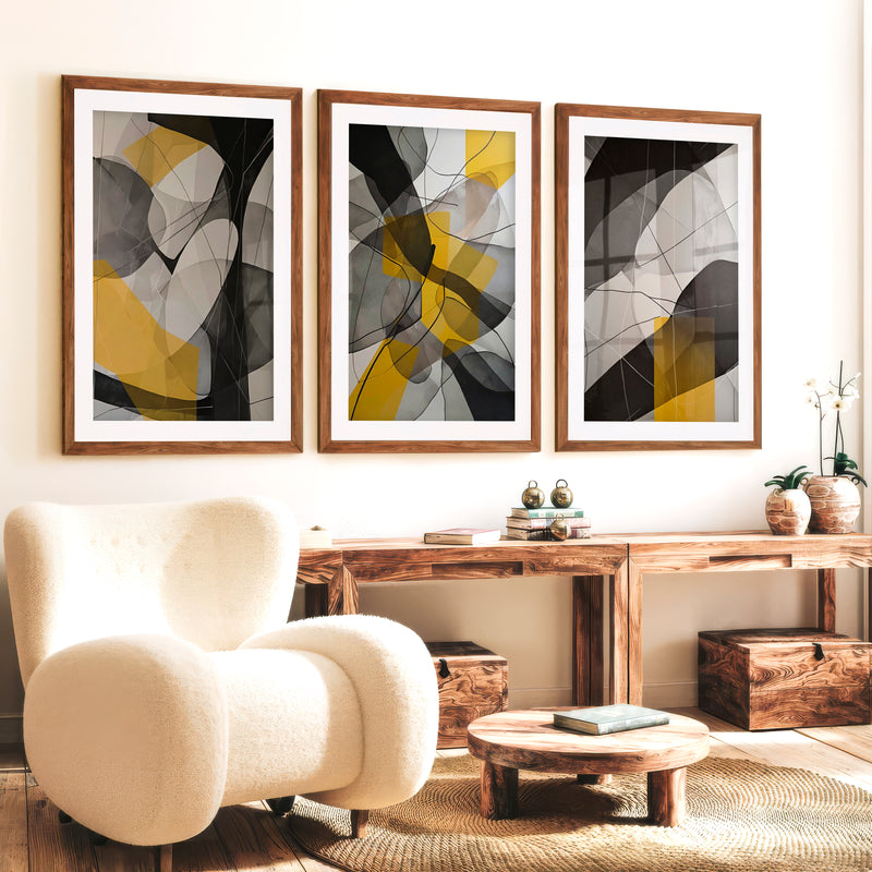 Abstract Painting for Sale – Modern Wall Art Set of 3 - Dark Brown Framed Poster with White Border - Artworksets