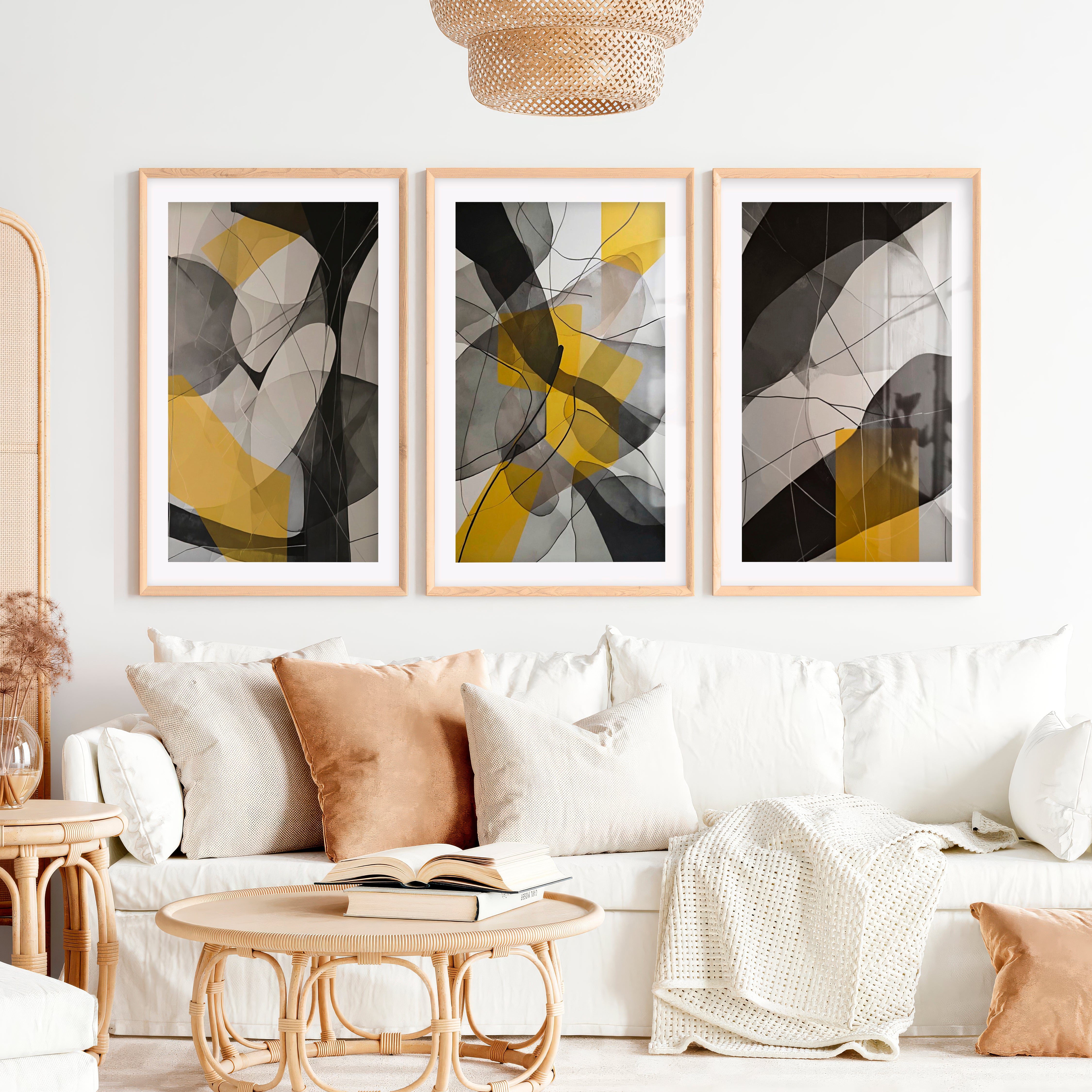 Abstract Painting for Sale – Modern Wall Art Set of 3- Natural Wood Framed Poster with White Border - Artworksets