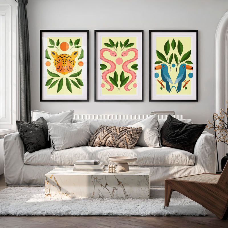 Abstract Painting Poster Jungle Animals Modern Set of 3 - Black Framed Poster with White Border - Artworksets