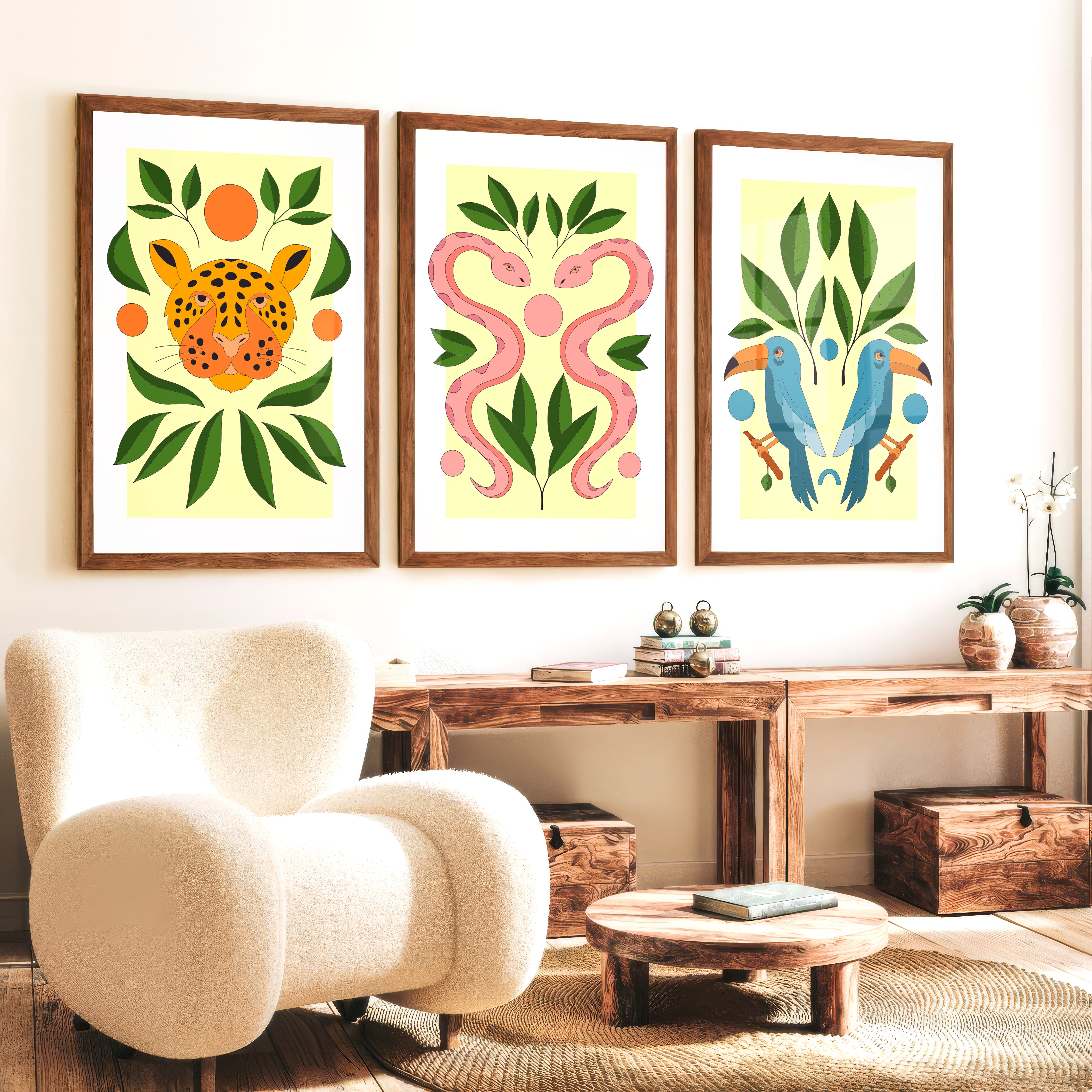 Abstract Painting Poster Jungle Animals Modern Set of 3 - Dark Brown Framed Poster No Border - Artworksets