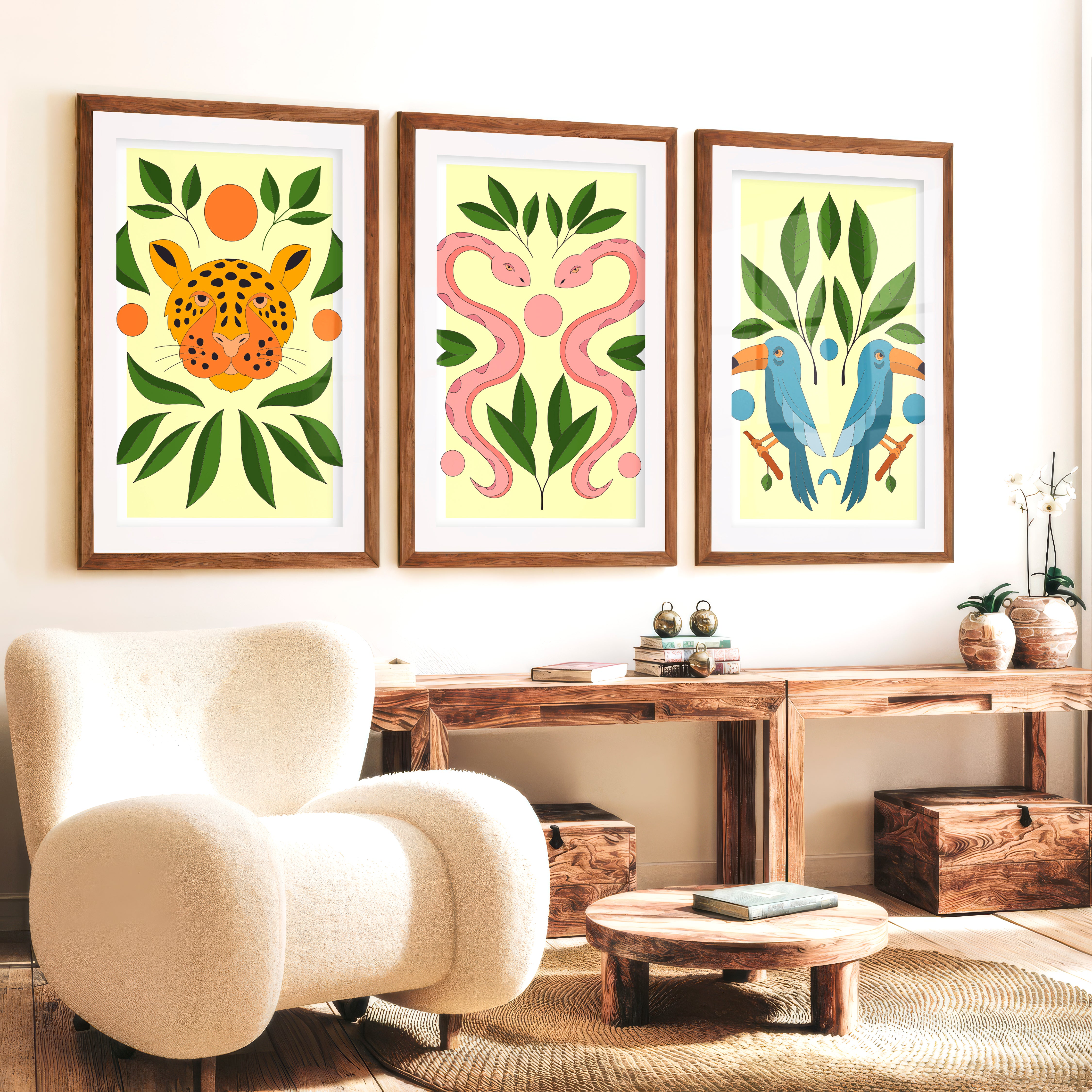 Abstract Painting Poster Jungle Animals Modern Set of 3 - Dark Brown Framed Poster with White Border - Artworksets