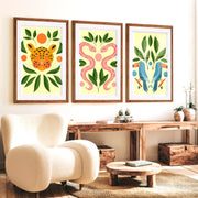 Abstract Painting Poster Jungle Animals Modern Set of 3 - Dark Brown Framed Poster with White Border - Artworksets