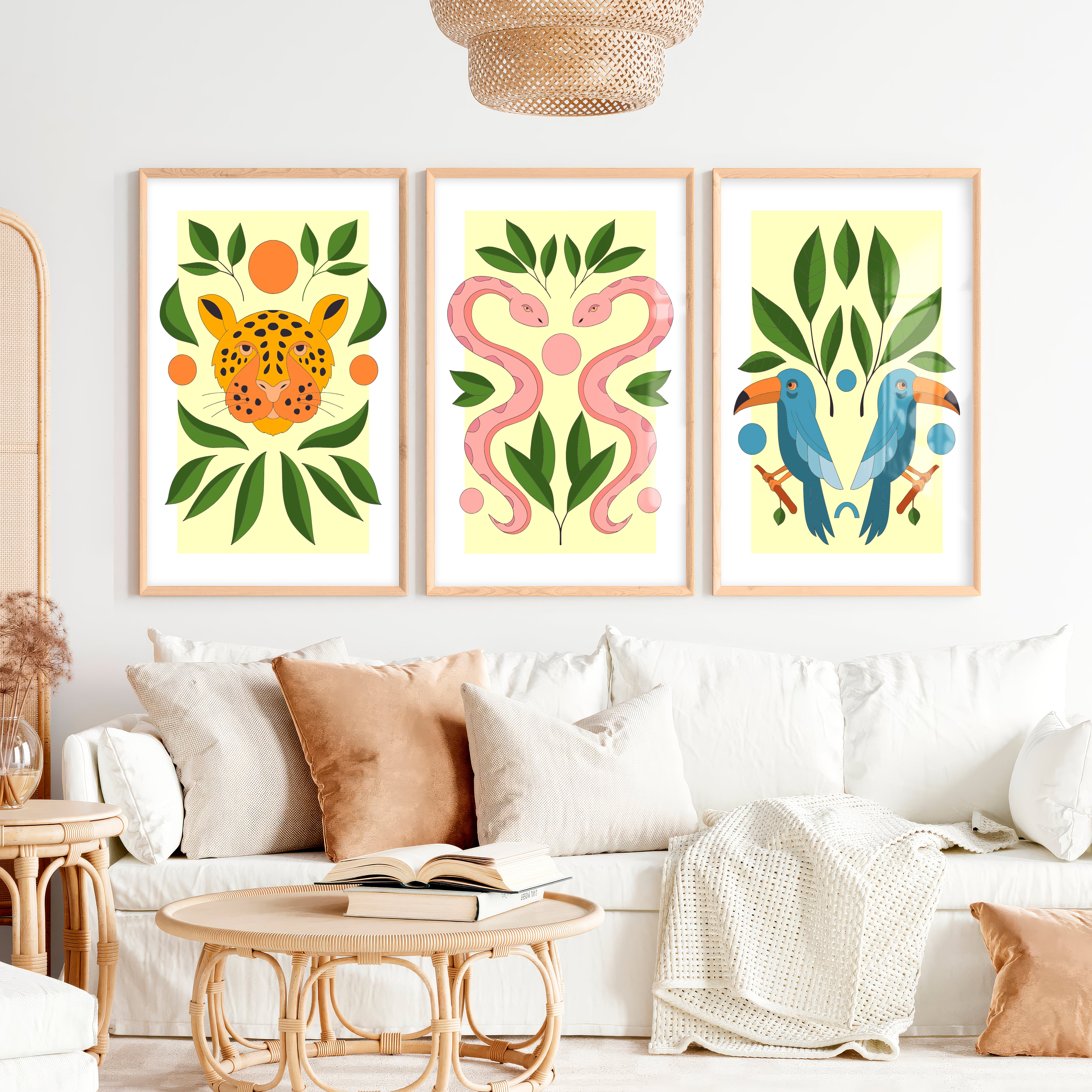 Abstract Painting Poster Jungle Animals Modern Set of 3 - Natural Wood Framed Poster No Border - Artworksets