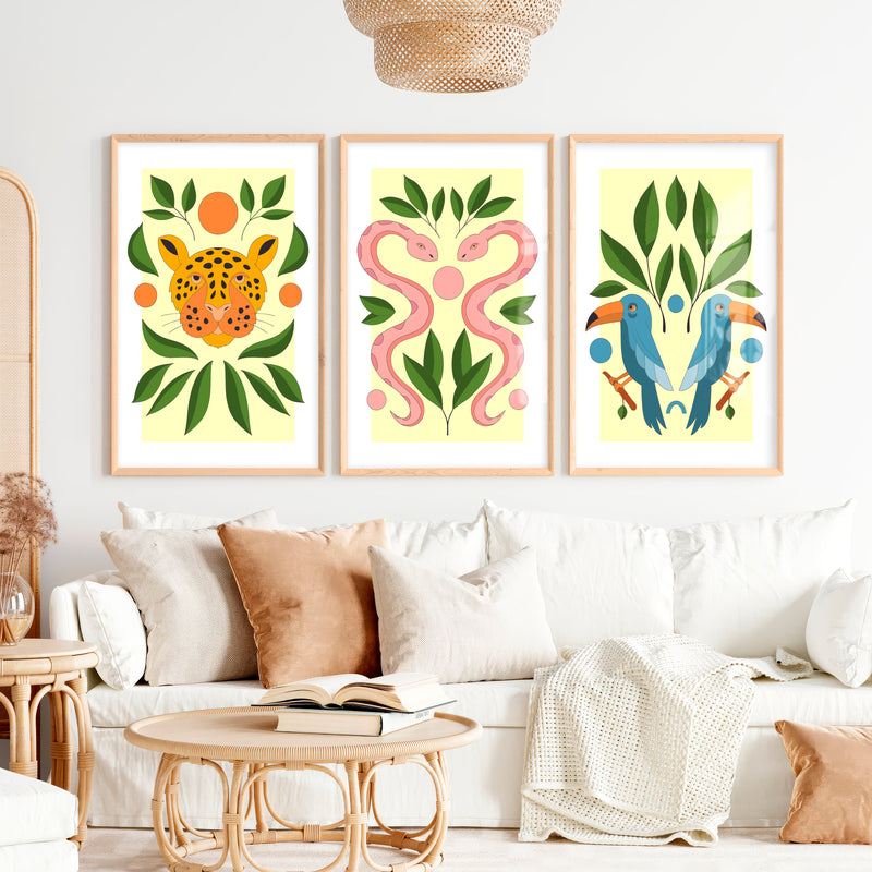 Abstract Painting Poster Jungle Animals Modern Set of 3 - Natural Wood Framed Poster No Border - Artworksets