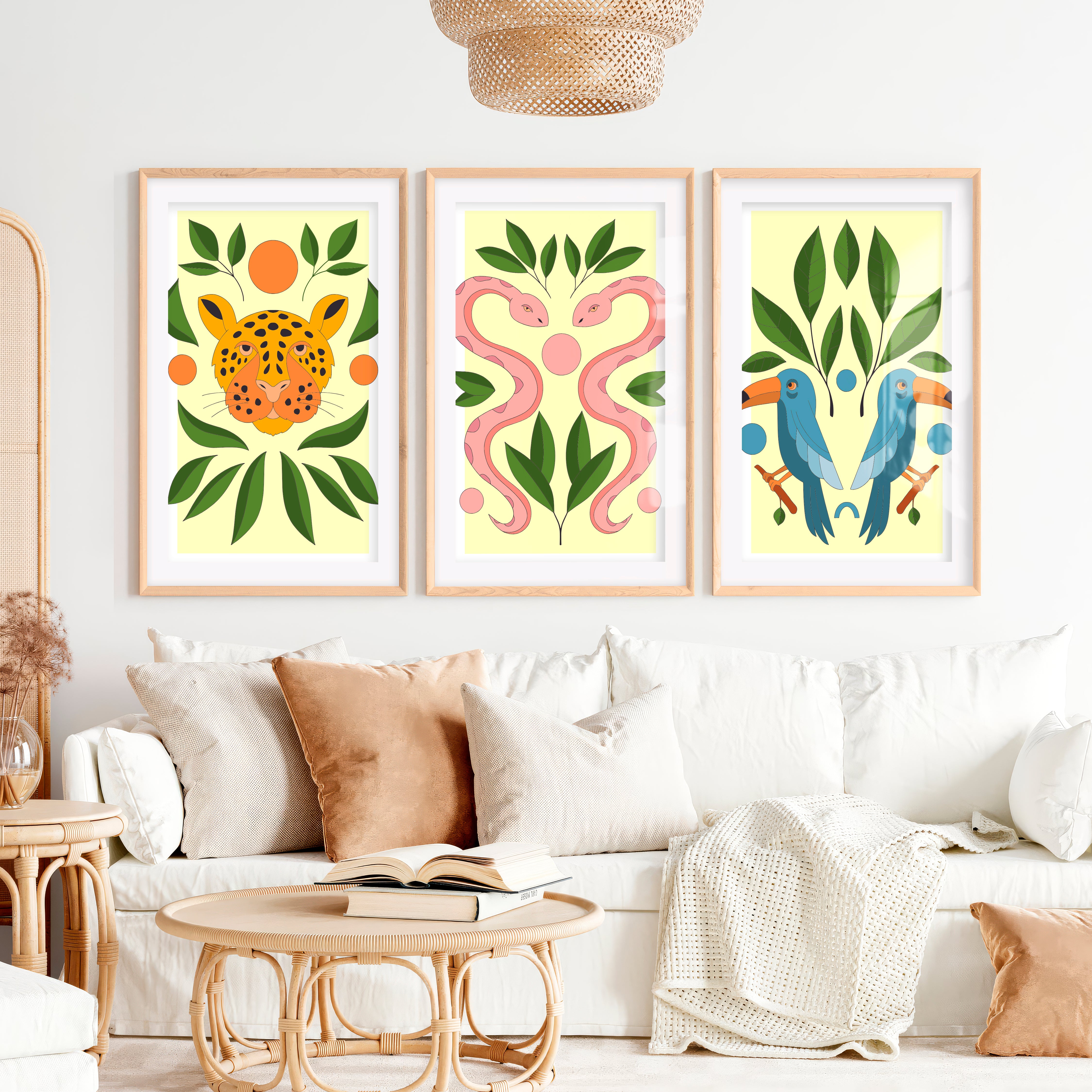 Abstract Painting Poster Jungle Animals Modern Set of 3- Natural Wood Framed Poster with White Border - Artworksets