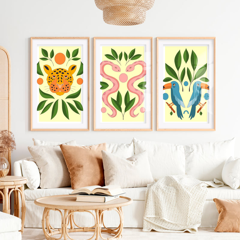 Abstract Painting Poster Jungle Animals Modern Set of 3- Natural Wood Framed Poster with White Border - Artworksets