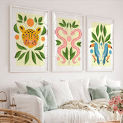 Abstract Painting Poster Jungle Animals Modern Set of 3 - White Framed Poster No Border - Artworksets