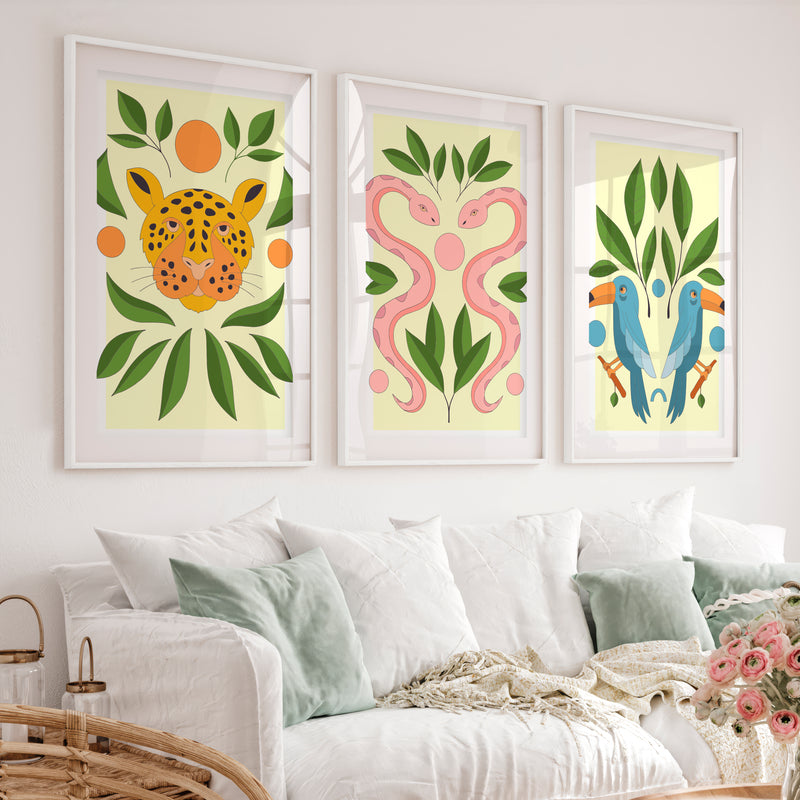 Abstract Painting Poster Jungle Animals Modern Set of 3 - White Framed Poster with White Border - Artworksets