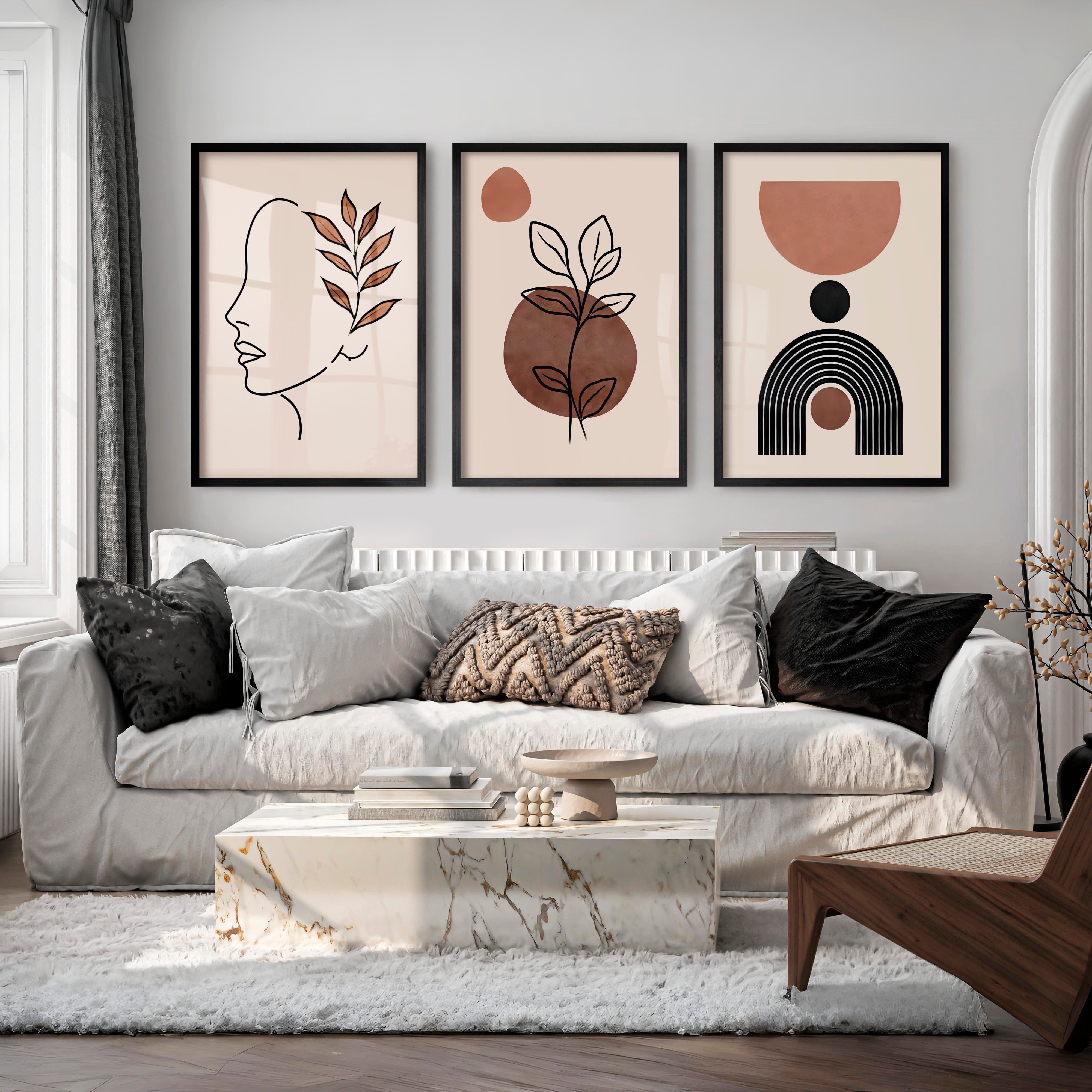 Abstract Painting Wall Decor Neutral Line Art Set of 3 - Black Framed Poster No Border - Artworksets