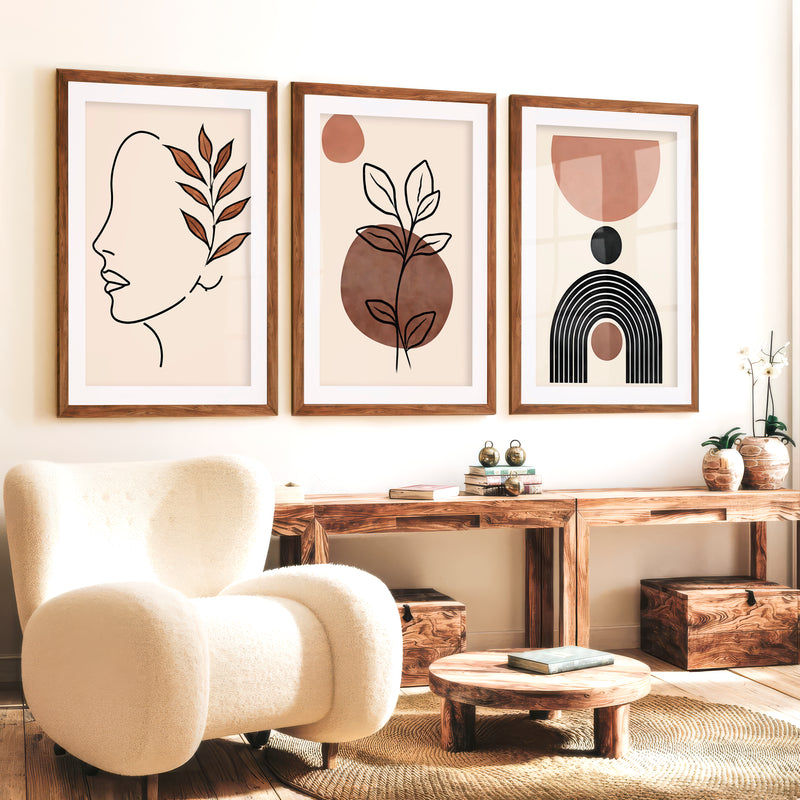 Abstract Painting Wall Decor Neutral Line Art Set of 3 - Dark Brown Framed Poster with White Border - Artworksets
