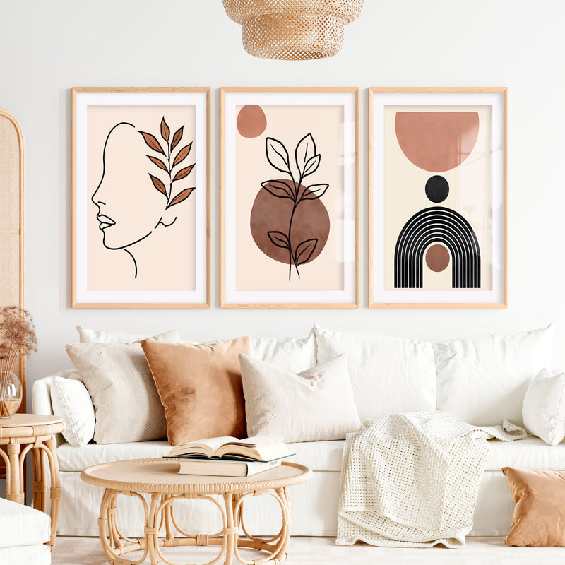 Abstract Painting Wall Decor Neutral Line Art Set of 3- Natural Wood Framed Poster with White Border - Artworksets