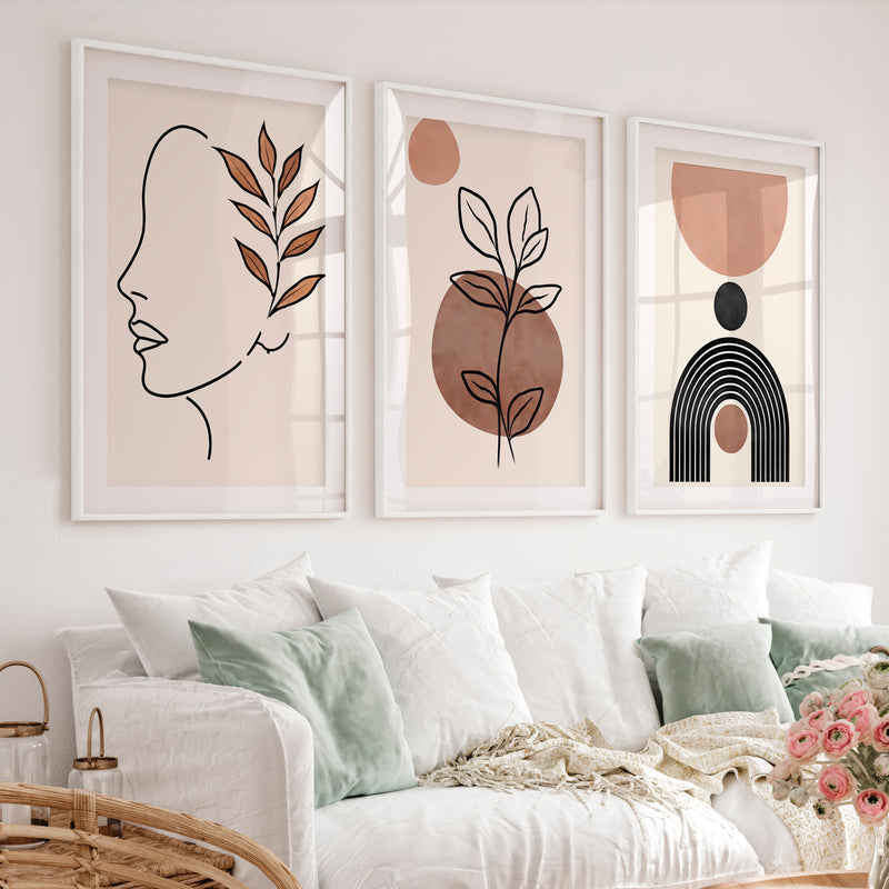 Abstract Painting Wall Decor Neutral Line Art Set of 3 - White Framed Poster with White Border - Artworksets