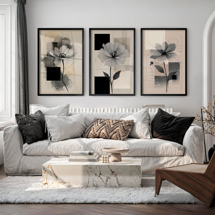 Abstract Painting with Flowers – Modern Floral Wall Art Triptych - Black Framed Poster No Border - Artworksets