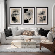 Abstract Painting with Flowers – Modern Floral Wall Art Triptych - Black Framed Poster with White Border - Artworksets
