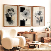 Abstract Painting with Flowers – Modern Floral Wall Art Triptych - Dark Brown Framed Poster No Border - Artworksets