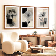 Abstract Painting with Flowers – Modern Floral Wall Art Triptych - Dark Brown Framed Poster with White Border - Artworksets