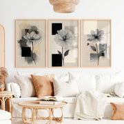 Abstract Painting with Flowers – Modern Floral Wall Art Triptych - Natural Wood Framed Poster No Border - Artworksets