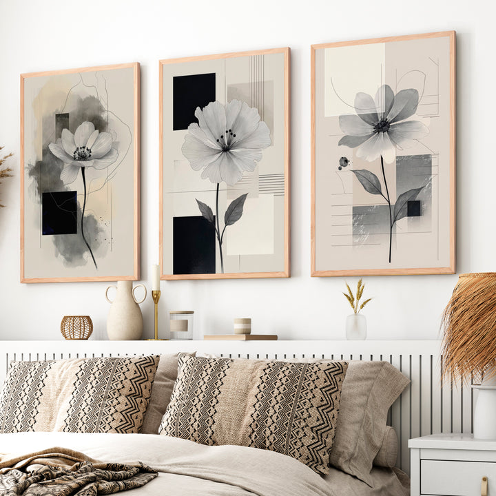 Abstract Painting with Flowers – Modern Floral Wall Art Triptych - Natural Wood Framed Poster No Border - Artworksets