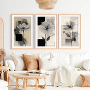 Abstract Painting with Flowers – Modern Floral Wall Art Triptych- Natural Wood Framed Poster with White Border - Artworksets