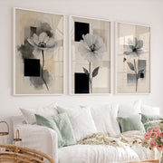 Abstract Painting with Flowers – Modern Floral Wall Art Triptych - White Framed Poster No Border - Artworksets