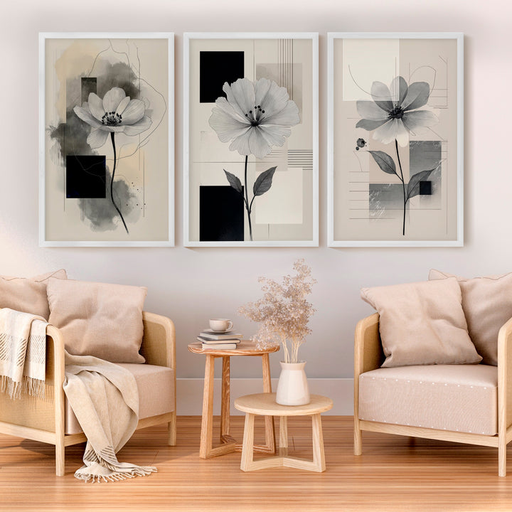 Abstract Painting with Flowers – Modern Floral Wall Art Triptych - White Framed Poster No Border - Artworksets