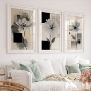 Abstract Painting with Flowers – Modern Floral Wall Art Triptych - White Framed Poster with White Border - Artworksets