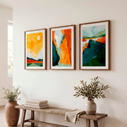 Abstract Paintings Featuring Mountains and River Scenes - Dark Brown Framed Poster with White Border - Artworksets