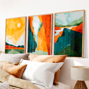 Abstract Paintings Featuring Mountains and River Scenes - Natural Wood Framed Poster No Border - Artworksets