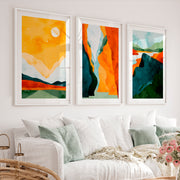 Abstract Paintings Featuring Mountains and River Scenes - White Framed Poster with White Border - Artworksets